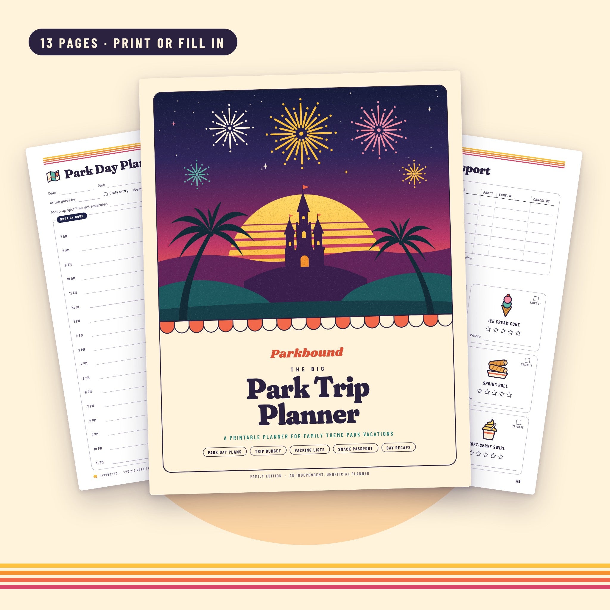 The Big Park Trip Planner cover, with the Park Day Plan and Snack Passport pages behind it