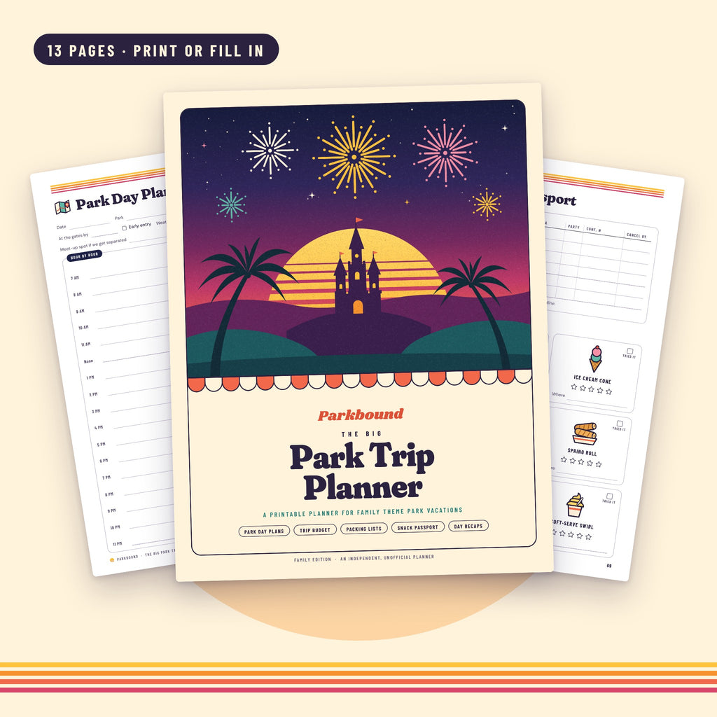 The Big Park Trip Planner cover, with the Park Day Plan and Snack Passport pages behind it