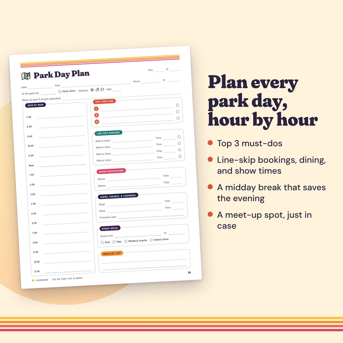 The Park Day Plan page, for planning each park day hour by hour