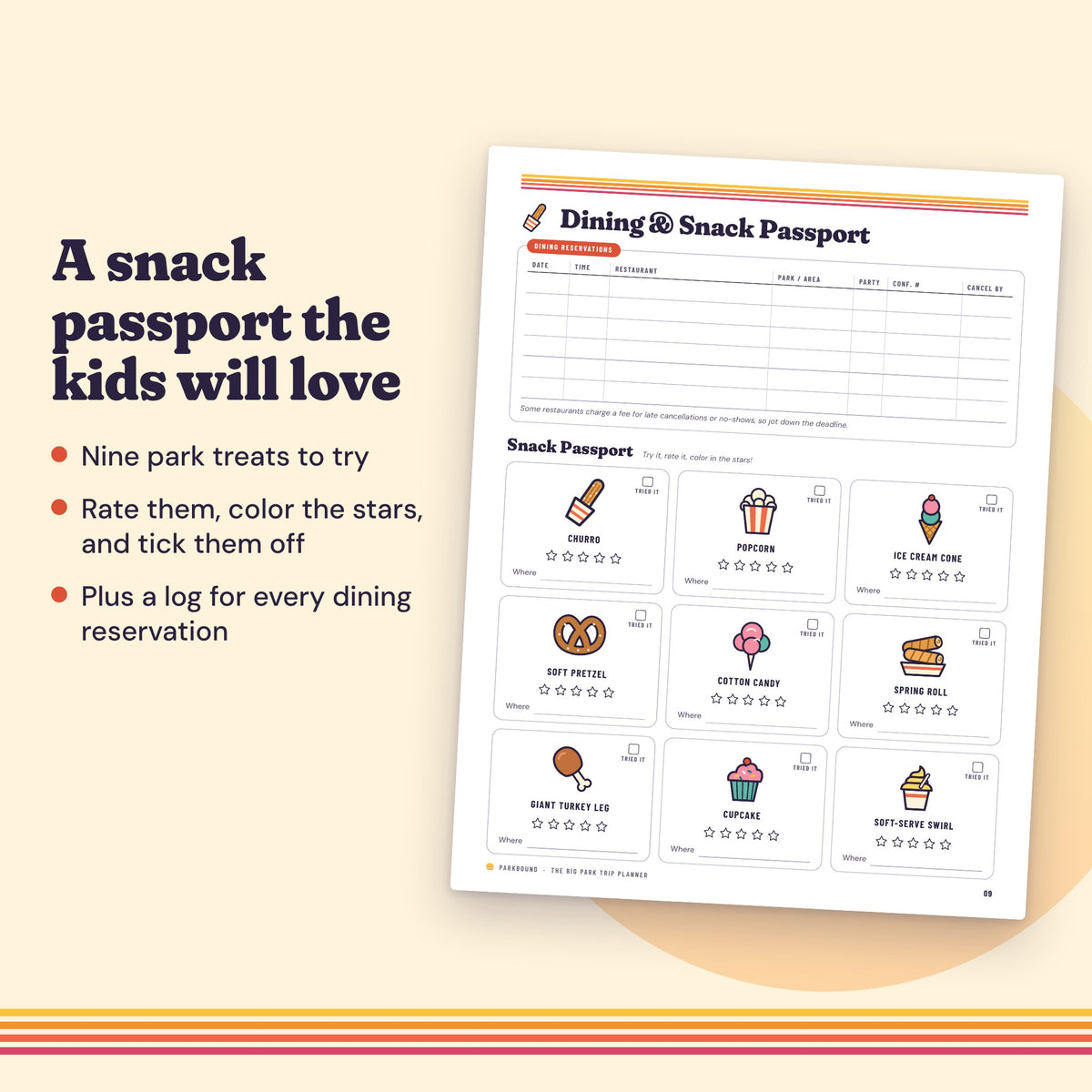 The Dining and Snack Passport page, with nine park snacks to try and rate